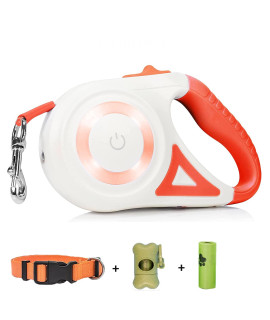 xixi-home Small and Medium Pet Retractable Leash, LED Reflective Night Out Dog Leash with Non-Slip Handle, Tangle-Free Nylon Tape,with Dispenser and Garbage Bag(Orange)