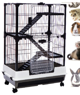 Large 4-Level Indoor Small Animal Pet Cage For Guinea Pig Ferret Chinchilla Cat Playpen Rabbit Hutch With Solid Platform & Ramp, Leakproof Litter Tray, 2 Large Access Doors Lockable Casters