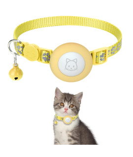 Airtag Cat Collar With Breakaway Bell, Reflective Paw Pattern Strap With Air Tag Case For Cat Kitten And Extra Small Dog (Yellow Reflective Paw)