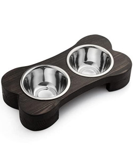Pit stop Pet Food Bowls with Stand, Puppy Dog Feeding Bowls With Non-Skid Wooden Stand, Set of 2 Stainless Steel Food and Water Bowls for Dogs and Cats With Pine Wood Holder-Natural Wood Color-PET0006