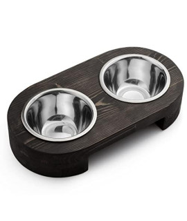 Pit stop Pet Food Bowls with Stand, Puppy Dog Feeding Bowls With Non-Skid Wooden Stand, Set of 2 Stainless Steel Food and Water Bowls for Dogs and Cats With Pine Wood Holder-Natural Wood Color-PET0010