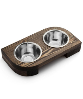 Pit stop Pet Food Bowls with Stand, Puppy Dog Feeding Bowls With Non-Skid Wooden Stand, Set of 2 Stainless Steel Food and Water Bowls for Dogs and Cats With Pine Wood Holder-Natural Wood Color-PET0003