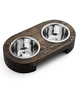 Pit stop Pet Food Bowls with Stand, Puppy Dog Feeding Bowls With Non-Skid Wooden Stand, Set of 2 Stainless Steel Food and Water Bowls for Dogs and Cats With Pine Wood Holder-Natural Wood Color-PET0011