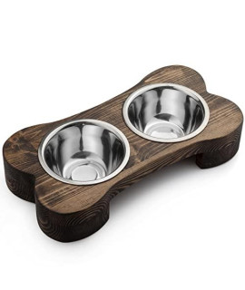 Pit stop Pet Food Bowls with Stand, Puppy Dog Feeding Bowls With Non-Skid Wooden Stand, Set of 2 Stainless Steel Food and Water Bowls for Dogs and Cats With Pine Wood Holder-Natural Wood Color-PET0007