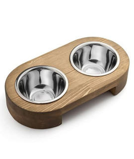 Pit stop Pet Food Bowls with Stand, Puppy Dog Feeding Bowls With Non-Skid Wooden Stand, Set of 2 Stainless Steel Food and Water Bowls for Dogs and Cats With Pine Wood Holder-Natural Wood Color-PET0012