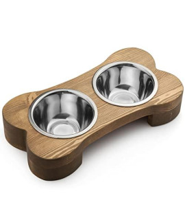 Pit stop Pet Food Bowls with Stand, Puppy Dog Feeding Bowls With Non-Skid Wooden Stand, Set of 2 Stainless Steel Food and Water Bowls for Dogs and Cats With Pine Wood Holder-Natural Wood Color-PET0008
