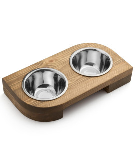 PIT STOP Pet Food Bowls with Stand, Puppy Dog Feeding Non-Skid Wooden Set of 2 Stainless Steel and Water for Dogs Cats Pine Wood Holder-Natural Color-PET0004, Trapezoid shape, light