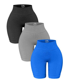 Oqq 3 Pack High Waisted Yoga Shorts For Women Ribbed Seamless Tummy Control Workout Athletic Shorts Black Silvergrey Blue