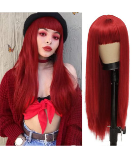 Kaneles Red Long Straight Wig With Bangs Wigs For Women Synthetic Heat Resistant Fiber Cosplay Costume Wigs Heat Resistant Fiber Full Machine Made Party Daily Wig