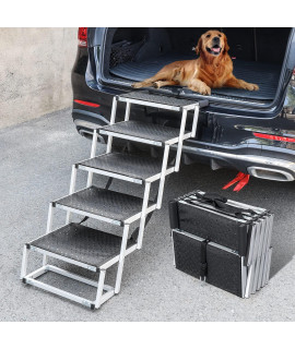 AXIBA Extra Wide Dog Stairs for Large Dogs, Portable Dog Car Ramp 5 Steps Black, Foldable Lightweight Dog Steps Pet Ladder with Nonslip Paw Print Surface for SUV High Beds Support up 150 Lbs