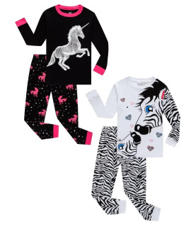 Kikizye Girls Zebra Pajamas Sets Unicorn Long Sleeve 4 Pieces Pjs Size 6