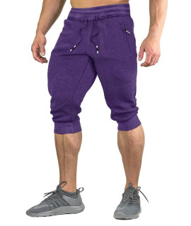 Faskunoie Mens Capri Pants Cotton Elastic Summer Bodybuilding Sports Long Shorts Purple