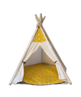 POKO LOKO Pet Teepee - Cute Teepee Tent House for Your Cat or Small Dog Bed. Comes with a Cushion. Washable and Portable Pet Tent for Indoor and Outdoor Use. (Yellow Trellis)