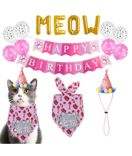 Tcboying Cat Birthday Bandana, Cat Birthday Girl Hat Scarfs Flag Balloon With Cute Doggie Birthday Party Supplies Decorations