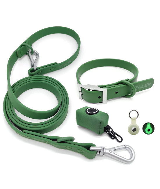 Zaler Dog Collar And Leash Set, Waterproof Adjustable Stinkproof Pet Collars Leashes For Large, Medium Small Dogs, 6Ft Dog Leash With Airtag Dog Collar Holder And Dog Poop Bag Holder (L, Green)