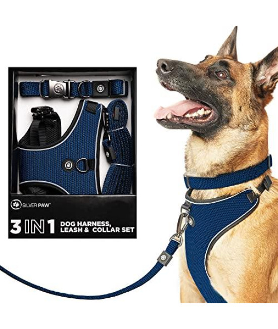 Silver Paw 3-Piece Dog Harness Set, Adjustable & Durable Leash, Collar, and Harness, Comfortable, Soft Padded Collar Leash Harness for Small, Medium, and Large Dogs (Blue, XXXXL)
