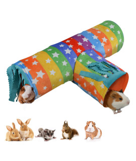 Guinea Pig Tunnel-Homeya Guinea Pig Hideout,Collapsible 3 Way Hamster Play Tubes With Fleece Forest Curtain,Small Animal Pet Toys And Cage Accessories For Rabbit Bunny Ferret Rat Hedgehog-L