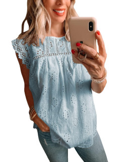 Diukia Womens Summer Casual Crewneck Solid Hollow Out Tank Top Cute Eyelet Ruffle Lace Trim Sleeveless Tops Blouses Cap Sleeve Shirts Sky Blue Xl