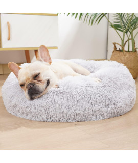 Comfy Calming Dog Bed For Dogs With Anxiety,Fluffy Round Donut Cuddler Dog Bed For Small Dogs,Grey Plush Puppy Beds For Small Dogs Washable 24 Inch For Dogs Cats Under 25 Lb