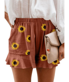 Paitluc Womens Ruffle Linen Shorts Basic Palm Leaf Casual Comfy Floral Linen Plus Size Shorts For Women Flowy Orange Xl