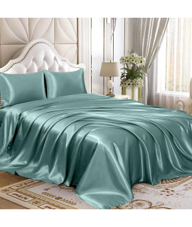 Homiest 3Pcs Satin Sheets Set Luxury Silky Satin Bedding Set With Deep Pocket, 1 Fitted Sheet 1 Flat Sheet 1 Pillowcase (Twin Xl Size, Greyish Green)