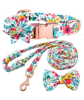 Dog Collar And Leash Sets Including Adjustable Strong Gold Buckle Collars With Beautiful Bowtie And Flower Decoration And Name Tag Telephone Tag For Small Medium Large Dogs (Blue Dog Collars-S)
