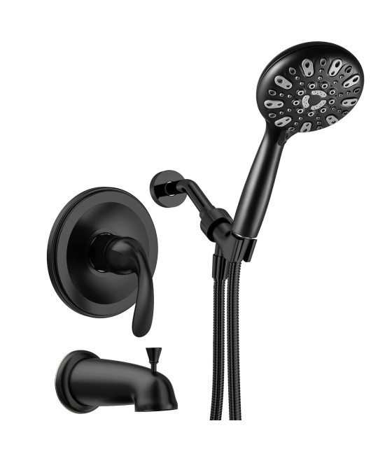 Wrisin Black Shower Faucet Set With Tub Spout (Valve Included), Black Shower Head And Handle Set, Matte Black Shower Fixtures With 47 Inch & 6 Setting Handheld