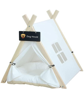 Scnbom Pet Teepee Canvas with Cushion Dogs Tent with Window Removable and Washable Dog Bed Play House for Dog Cat Rabbit Guinea Pig (M: 20.6X20.3 in(52.5X51.5CM),White)