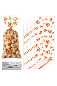 100 Pieces Pet Paw Print Cone Cellophane Bags Heat Sealable Candy Bags Dog Paw Gift Bags Cat Treat Bags With 100 Pieces Silver Twist Ties For Pet Treat Party Favor(Orange)