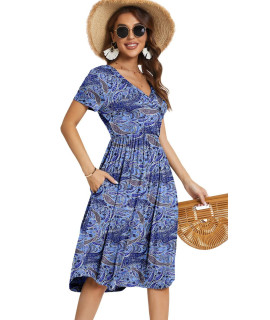 Yundai Summer Casual Dress For Women Short Sleeve V-Neck Beach Dresses With Pockets, 3Xl Cashew Cyan-Blue