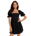 Wdirara Womens Square Neck Flounce Short Sleeve Shirred Ruffle Hem Casual Short Mini Dress Black S