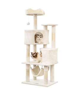 Quuzee Cat Tree for Indoor Cats - Tall Multi-Level Cat Tower with Condos, Sisal Scratching Posts and Hammock, Top Perch with Dangling Toys for Large Cats and Kittens, Beige