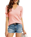 Zbyclub Womens V Neck Puff Short Sleeve Sweaters Pullover Shirt Tops Lightweight Knit Sweater Blouses B-Pink