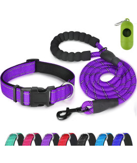 Dynmeow Reflective Dog Collar And Leash Set, Adjustable Pet Collar With Soft Neoprene Padded For Small Medium Large Dogs, Climbing Rope, Purple, L