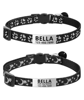 Lareine 2 Pack Cat Collar Personalized, Breakaway Kitten Collar With Phone And Name Tag, Cat Collars Reflective With Bell For Girls & Boys (75-125 Neck, Black)