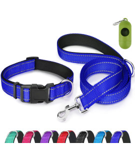 Dynmeow Reflective Dog Collar And Leash Set, Adjustable Pet Collar With Soft Neoprene Padded For Small Medium Large Dogs, Standard Leash, Navy Blue, L