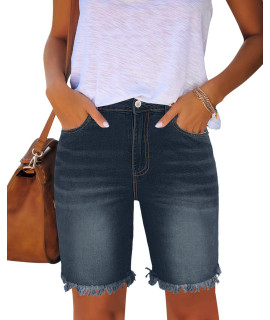 Utyful Womens Bermuda Jeans Shorts Summer Raw Hem Distressed Denim Shorts Dark Blue Small
