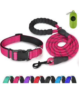 Dynmeow Reflective Dog Collar And Leash Set, Adjustable Pet Collar With Soft Neoprene Padded For Small Medium Large Dogs, Climbing Rope, Hotpink, L