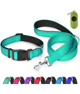 Dynmeow Reflective Dog Collar And Leash Set, Adjustable Pet Collar With Soft Neoprene Padded For Small Medium Large Dogs, Standard Leash, Teal, S