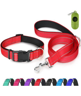 Dynmeow Reflective Dog Collar And Leash Set, Adjustable Pet Collar With Soft Neoprene Padded For Small Medium Large Dogs, Standard Leash, Red, M