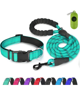 Dynmeow Reflective Dog Collar And Leash Set, Adjustable Pet Collar With Soft Neoprene Padded For Small Medium Large Dogs, Climbing Rope, Teal, M