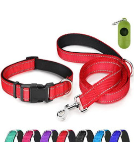 Dynmeow Reflective Dog Collar And Leash Set, Adjustable Pet Collar With Soft Neoprene Padded For Small Medium Large Dogs, Standard Leash, Red, L
