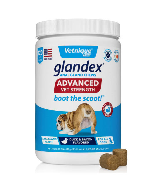 Vetnique Labs Glandex Advanced Strength Anal Gland Soft Chews with Mega Fiber for Dogs, Digestive Enzymes, Probiotics - Vet Recommended to Boot The Scoot Vegan Duck & Bacon (120ct Chews)