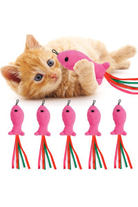 Zeyzoo 5Pcs Catnip Toy, Cat Nip Pink Fish Interactive Cat Toy, Kitten Toys Catnip Filled Plush Toys, Feather Teaser Accessories For Cat Wand Toy, Kitten Teething Chew Toys For Cats