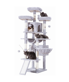 Hey-Brother Cat Tree, 71 Inches Xl Large Cat Tower For Indoor Cats, Multi-Level Cat House With 3 Padded Perches, Big Scratcher, Cozy Basket, 2 Cat Condos And Scratching Posts, Light Gray Mpj034W
