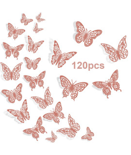 Insuwood 120Pcs 3D Butterfly Wall Decor, Rose Gold Butterfly Decorations 5 Styles 3 Sizes, Butterfly Party Birthday Cake Decorations, Butterfly Wall Stickers For Girls, Kids, Nursery, Wedding Decor