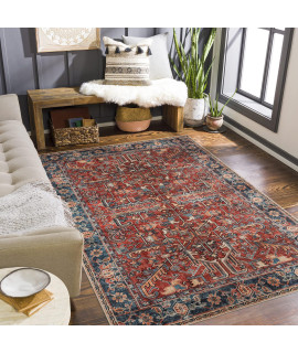 Valenrug Washable Rug 8X10 - Ultra-Thin Antique Collection Area Rug, Stain Resistant Rugs For Living Room Bedroom, Distressed Persian Boho Rug(Red, 8X10)