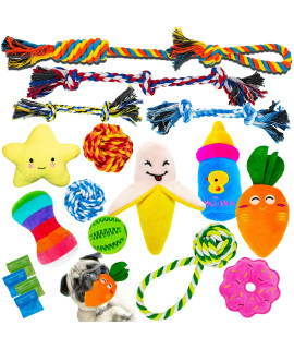 Happifox Dog Toys For Small Dogs 18 Pack 2022 New Safe & Durable Cotton Dog Rope Toys For Small Dogs, Tug Of War Puppy Chew Toys For Teething, Squeaky Toys For Medium Breed And Puppies