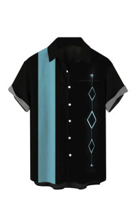 Mens Bowling Shirts Hawaiian Short Sleeve Button Down Beach Shirt Geometric Striped Printed Summer Casual Regular Fit Aloha Shirt