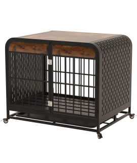 Snimoy Heavy Duty Dog Crate - Wooden Dog Cage Furniture With Tabletop For Small Medium Large Dogs - Decor Pet House Kennel With Removable Trays And Lockable Wheels